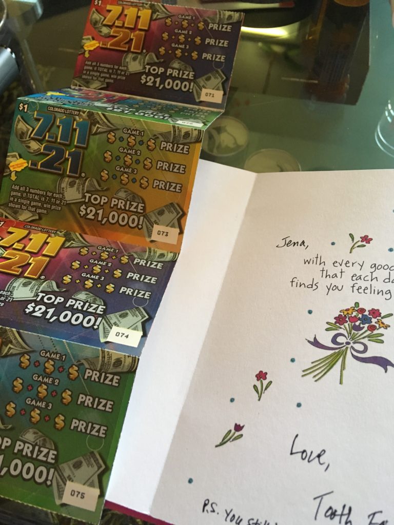 Inside of card and lottery tickets