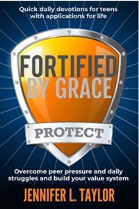 cover of Fortified by Grace with an armor shield with the words "Protect" over the shield